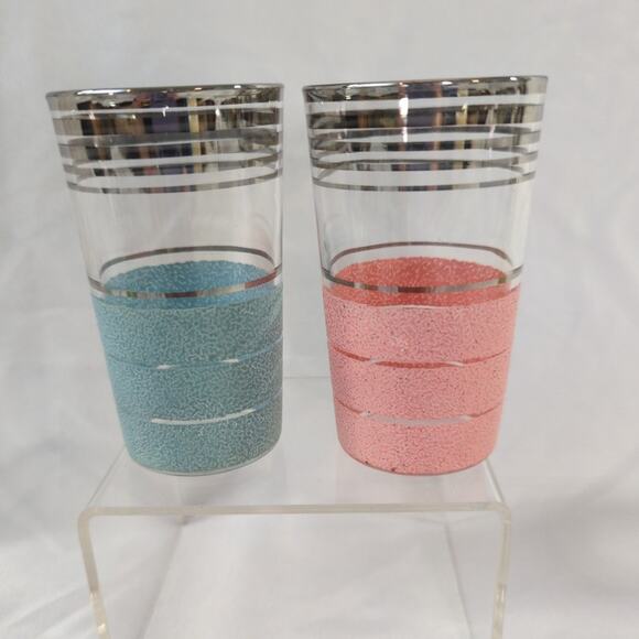 Set of 6 Vintage Pastel Sugar Frosted Juice Glasses Platinum Trim - Picture 3 of 6